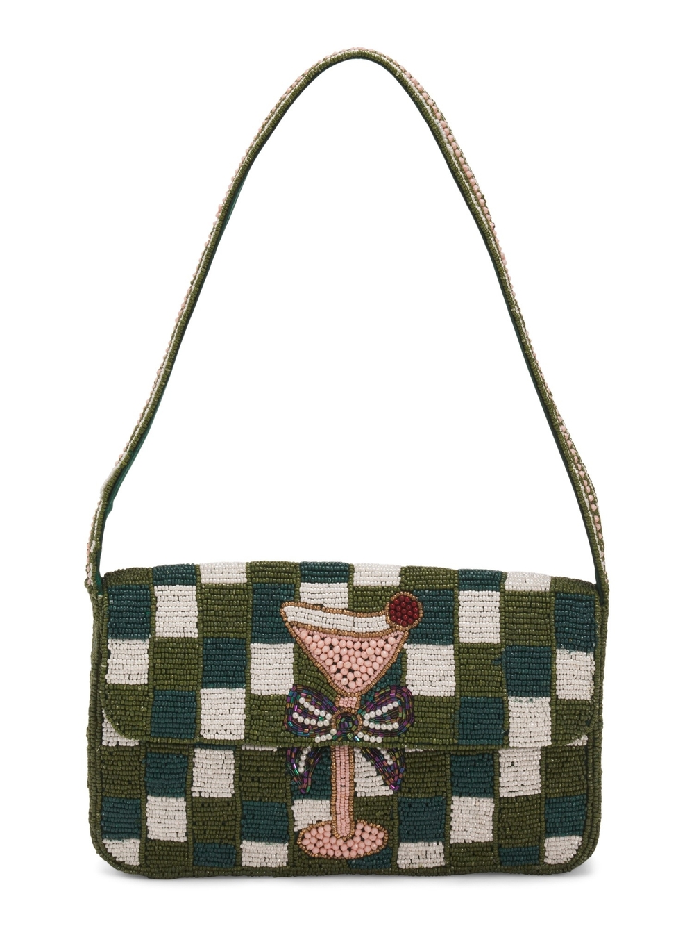 Green Check Beaded Shoulder Bag with Cocktail Motif
